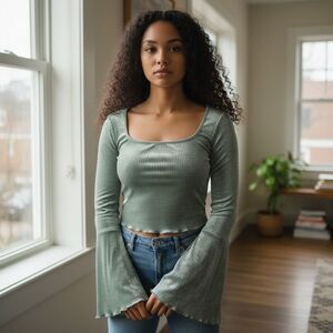 URBAN OUTFITTERS NWT Sage Green Ribbed Velour Bell Sleeve Crop Top S